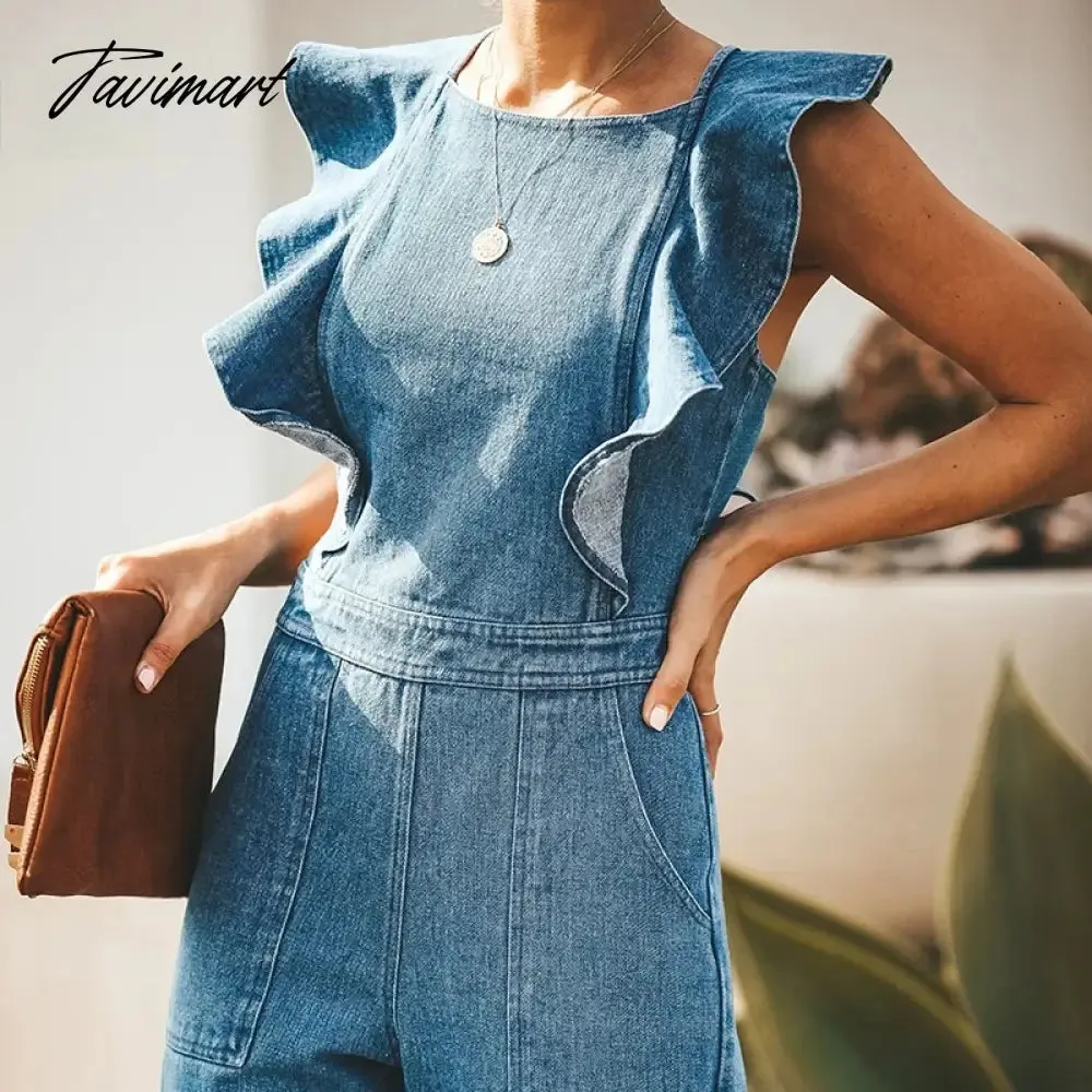 TAVIMART -  Sexy Backless Jeans Jumpsuit  summer Spring New Ruffled Bodysuit American Fashion Lace Up High Waist Playsuits Streetwear