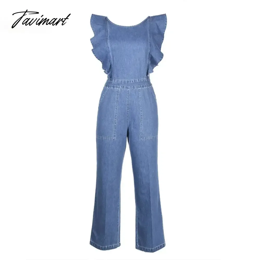 TAVIMART -  Sexy Backless Jeans Jumpsuit  summer Spring New Ruffled Bodysuit American Fashion Lace Up High Waist Playsuits Streetwear