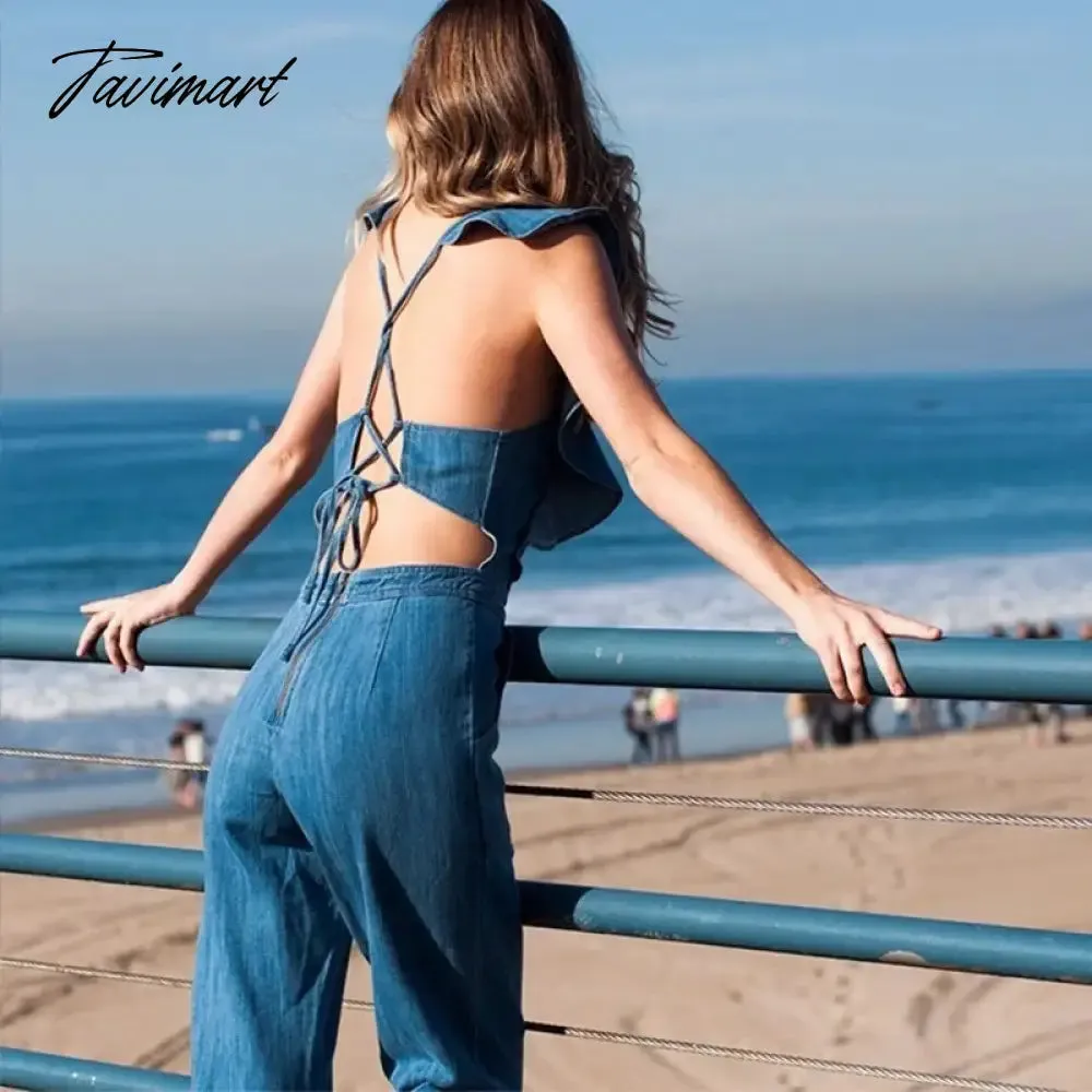 TAVIMART -  Sexy Backless Jeans Jumpsuit  summer Spring New Ruffled Bodysuit American Fashion Lace Up High Waist Playsuits Streetwear