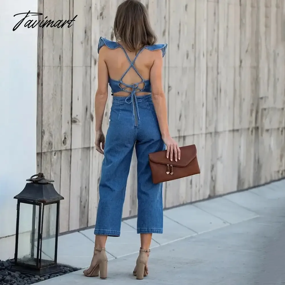 TAVIMART -  Sexy Backless Jeans Jumpsuit  summer Spring New Ruffled Bodysuit American Fashion Lace Up High Waist Playsuits Streetwear