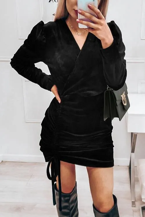 Velvet Drawstring Puff Sleeve Dress