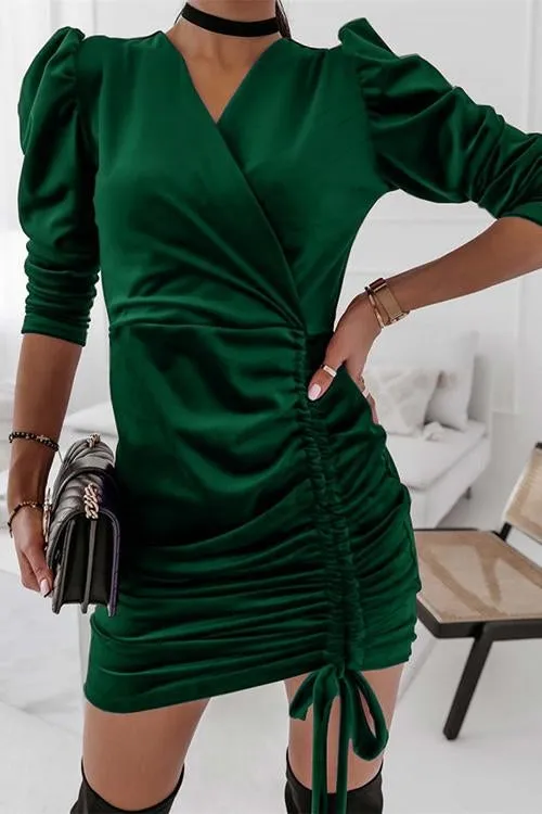 Velvet Drawstring Puff Sleeve Dress