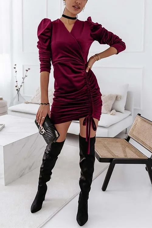 Velvet Drawstring Puff Sleeve Dress