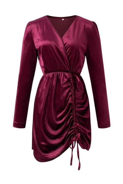 Velvet Drawstring Puff Sleeve Dress