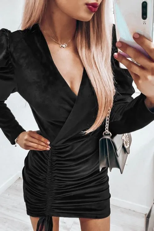 Velvet Drawstring Puff Sleeve Dress