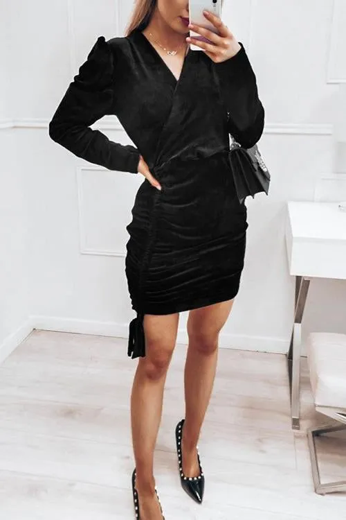 Velvet Drawstring Puff Sleeve Dress