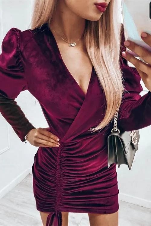 Velvet Drawstring Puff Sleeve Dress