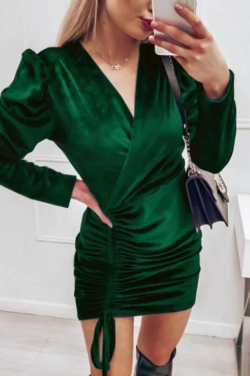 Velvet Drawstring Puff Sleeve Dress