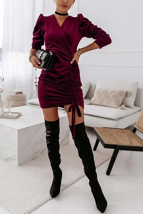 Velvet Drawstring Puff Sleeve Dress