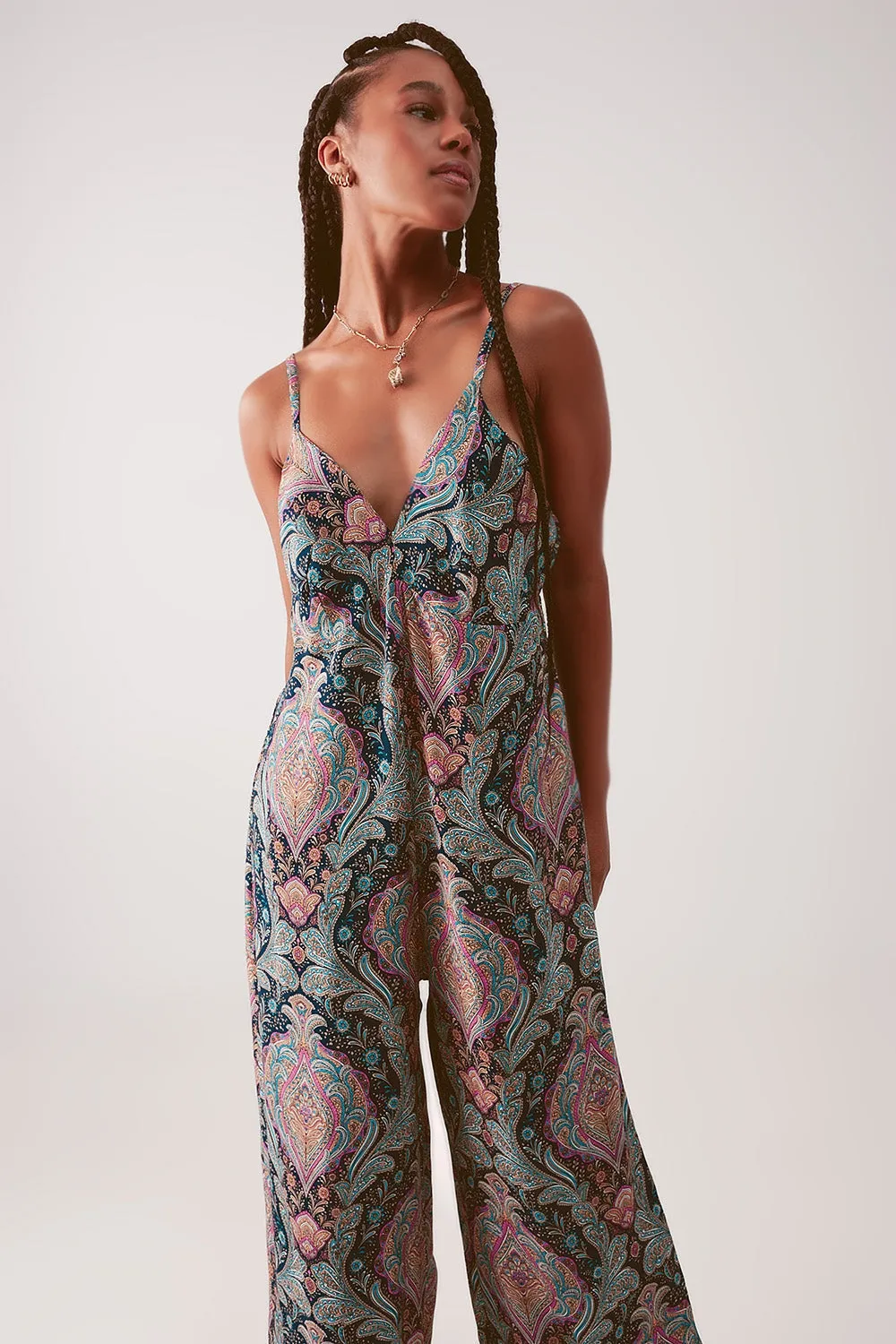 Wide Leg Jumpsuit in Navy Paisley Print