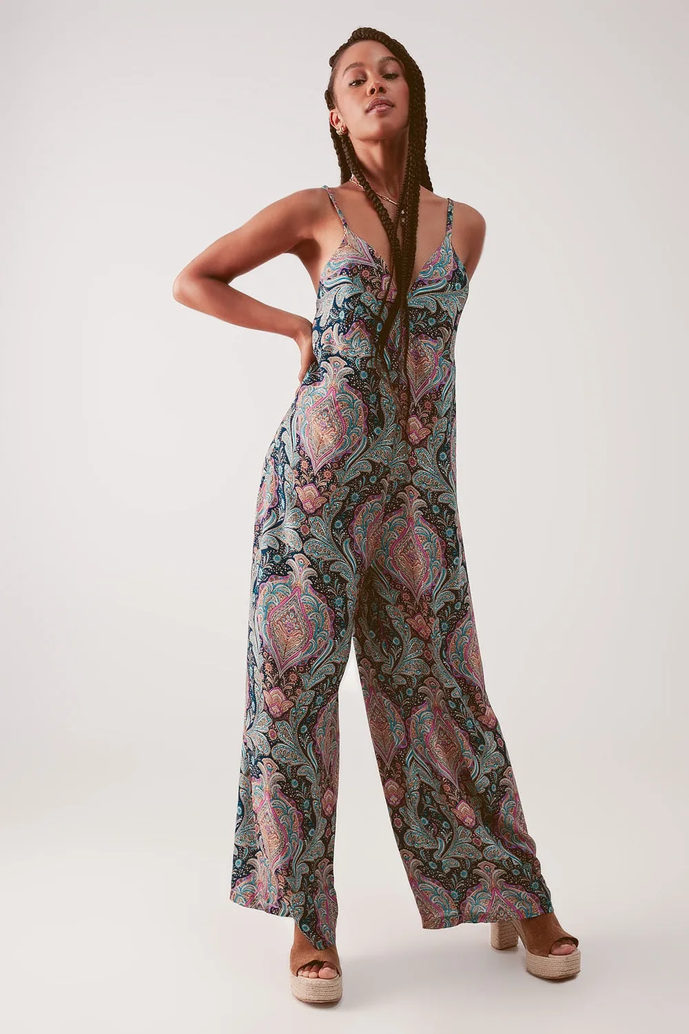 Wide Leg Jumpsuit in Navy Paisley Print