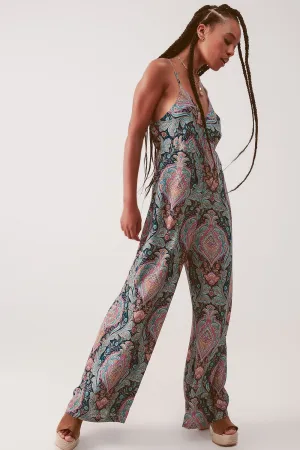 Wide Leg Jumpsuit in Navy Paisley Print