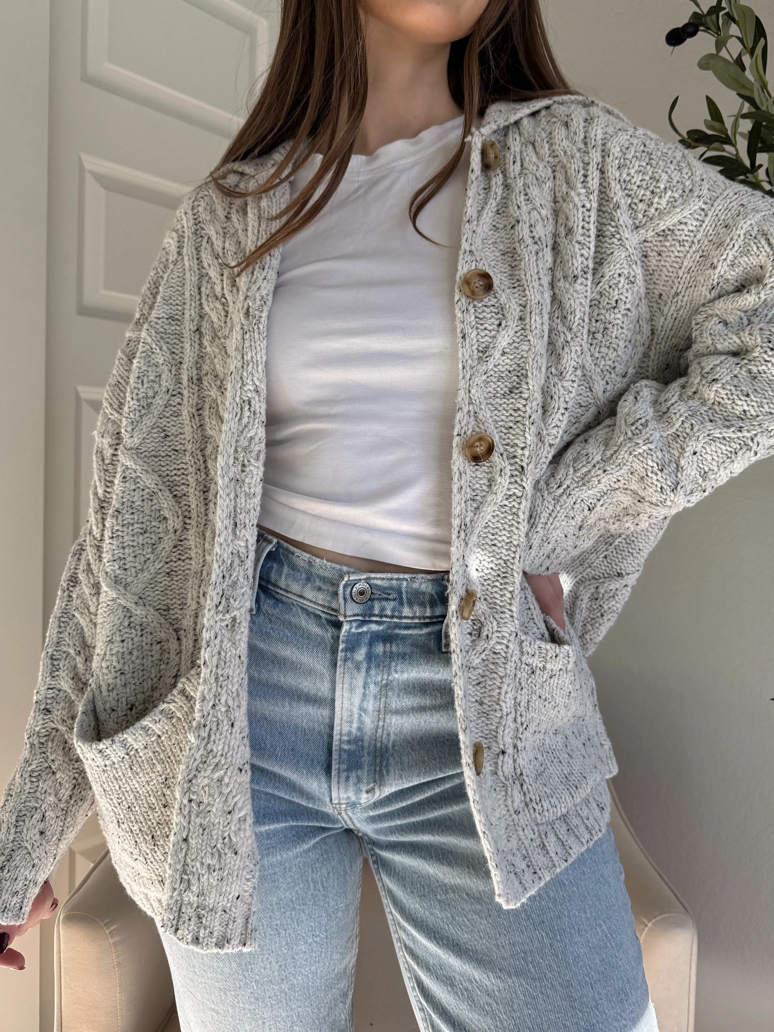 Winter Meadow Oversized Cable Knit Button Down Cardigan (Heather Gray)