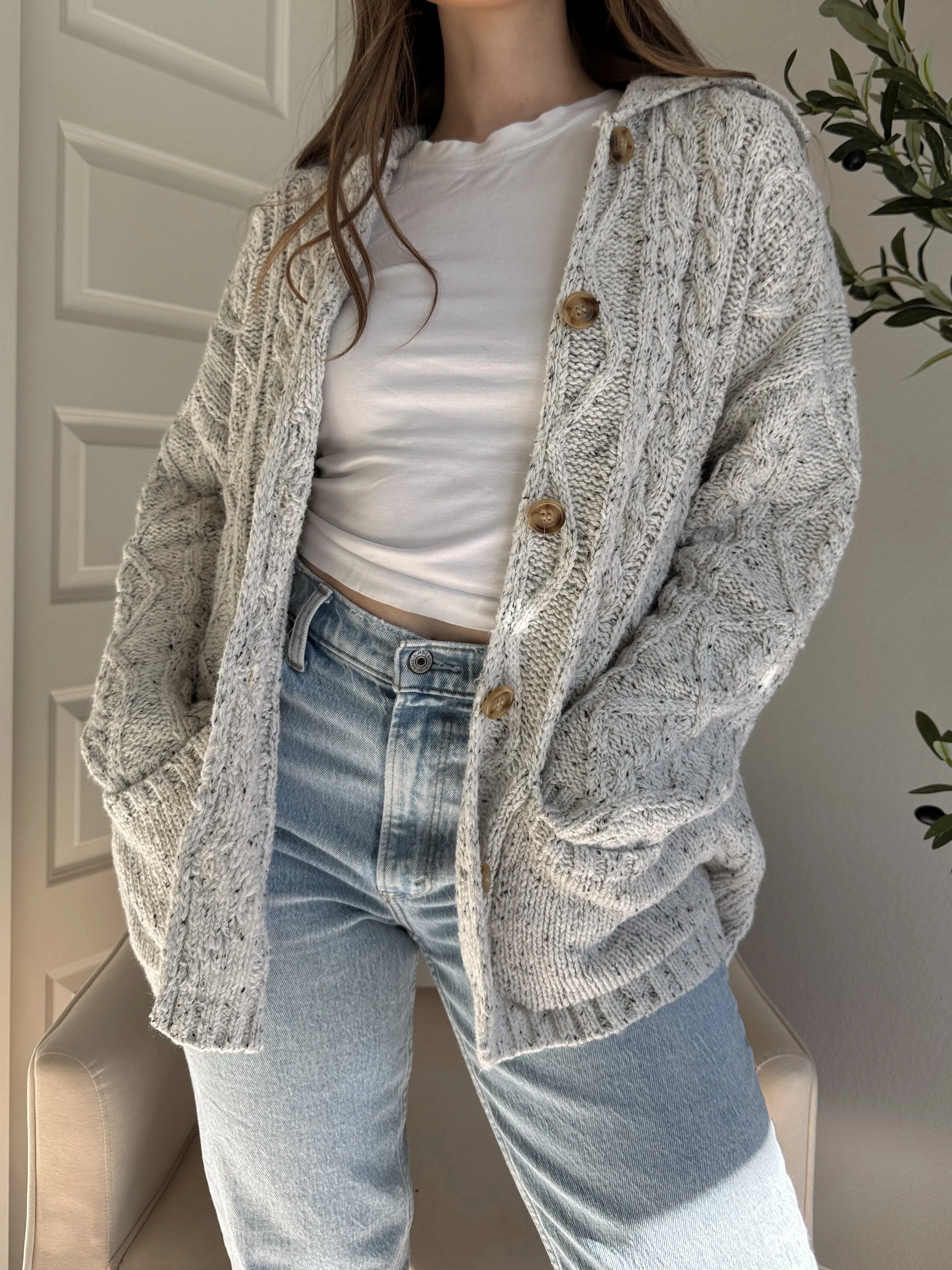 Winter Meadow Oversized Cable Knit Button Down Cardigan (Heather Gray)