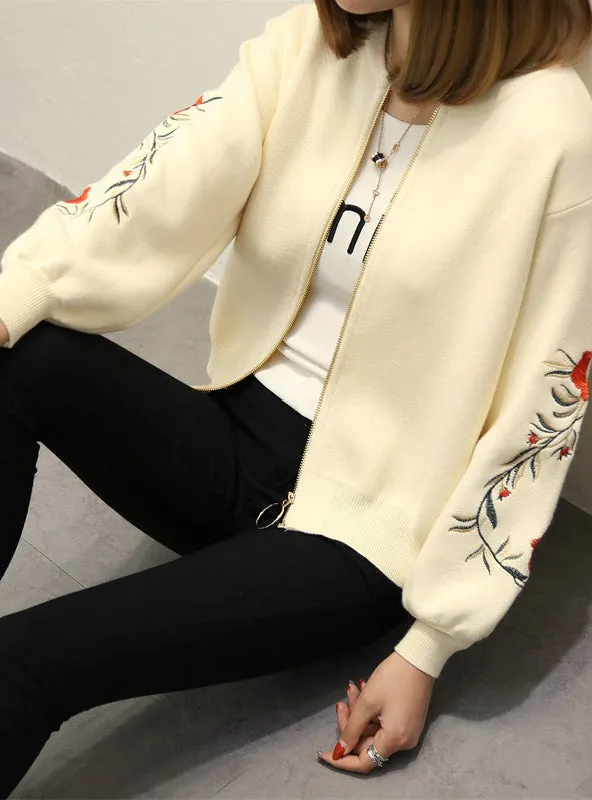 Women Embroidered Sweater Long Sleeve Zipper Cardigan Coat