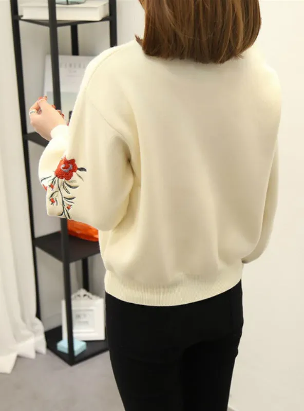 Women Embroidered Sweater Long Sleeve Zipper Cardigan Coat