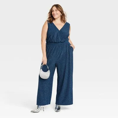 Women's Sparkle Knit Jumpsuit - Ava & Viv Blue 1X