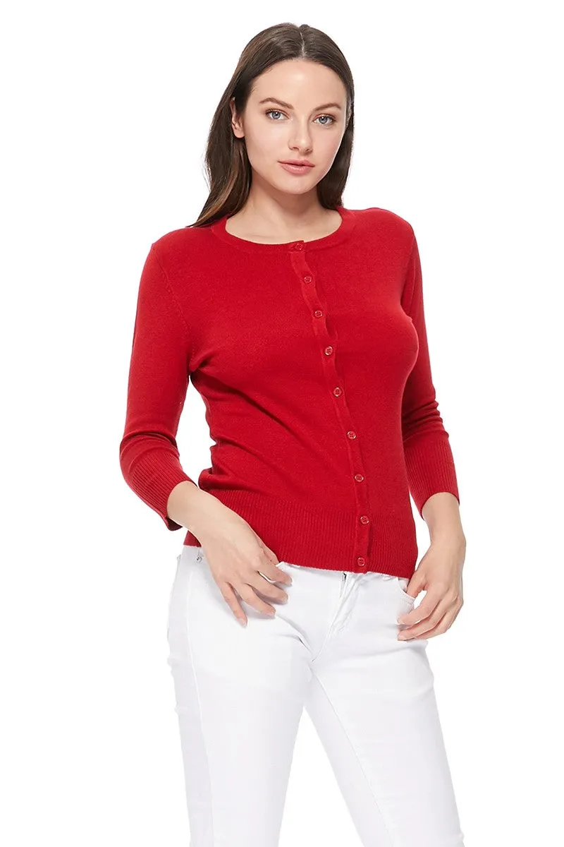 YEMAK Women's 3/4 Sleeve Crewneck Button Down Cardigan Sweater CO079 (S-L) Color Option (2 of 2)